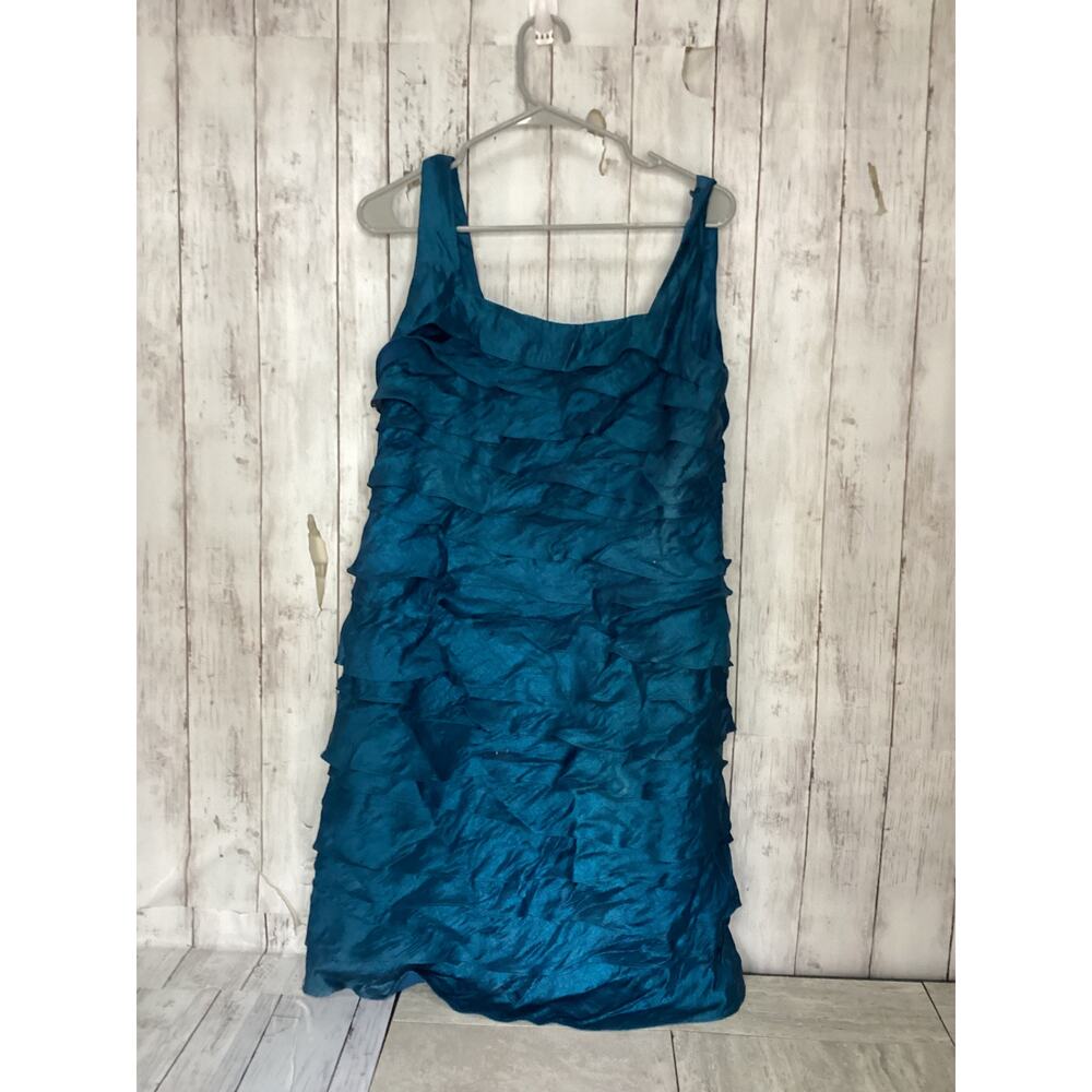 London Style Nights Dress Size 12 Aqua Blue Ruffle Tiered Cocktail Zipper Womens